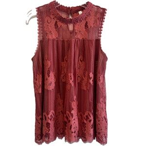 Xhilaration Women's Lace Crochet Keyhole Tank Top, Mauve Size L